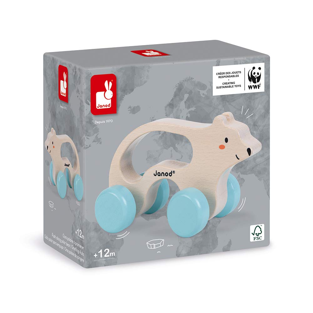 Janod - Mobiler Bär aus Holz - Baby- und Kleinkindspielzeug - Entwicklung von Motorik und Fantasie - Ergonomischer Griff - Partnerschaft mit dem WWF- FSC-zertifiziert - Ab 1 Jahr, J08605