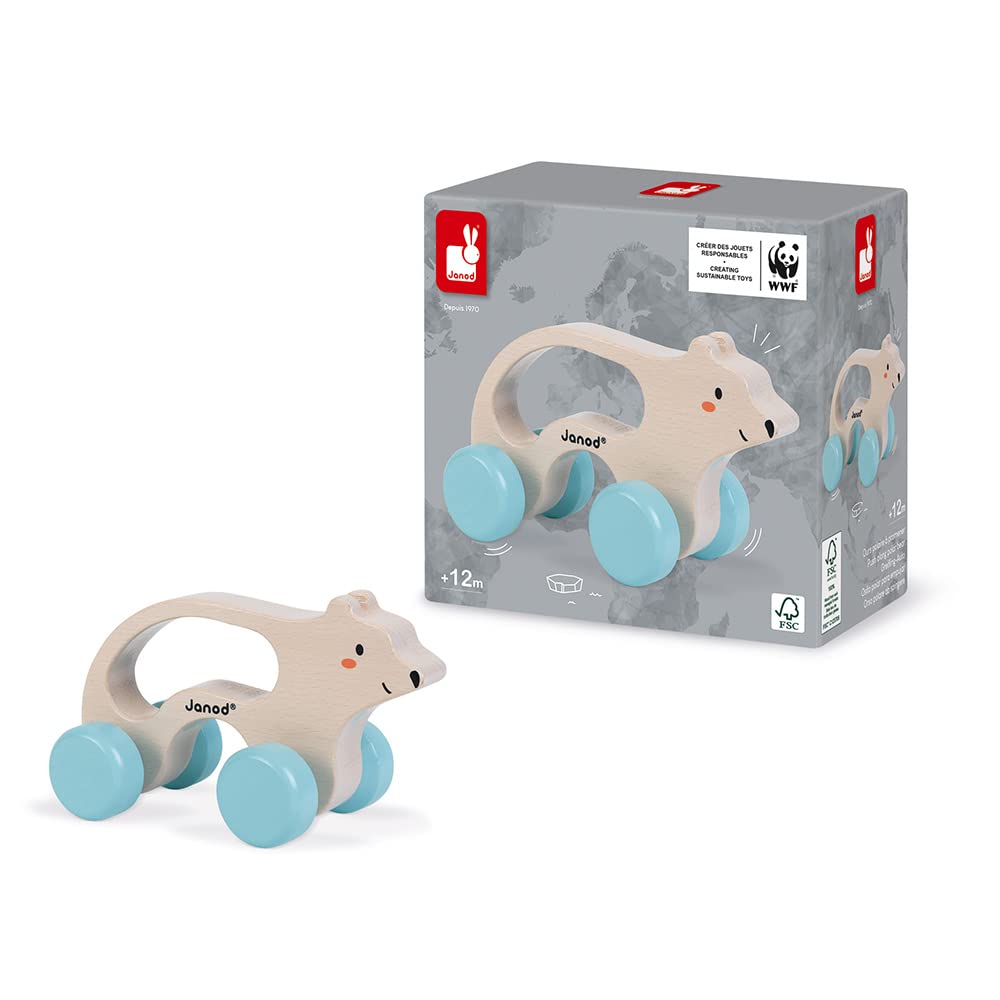 Janod - Mobiler Bär aus Holz - Baby- und Kleinkindspielzeug - Entwicklung von Motorik und Fantasie - Ergonomischer Griff - Partnerschaft mit dem WWF- FSC-zertifiziert - Ab 1 Jahr, J08605