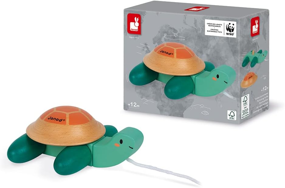 Janod - Mobile wooden turtle - Pull toy - Educational toys for babies and toddlers - Motor skills and imagination - Partnership with the WWF - FSC certified - From 1 year old, J08608