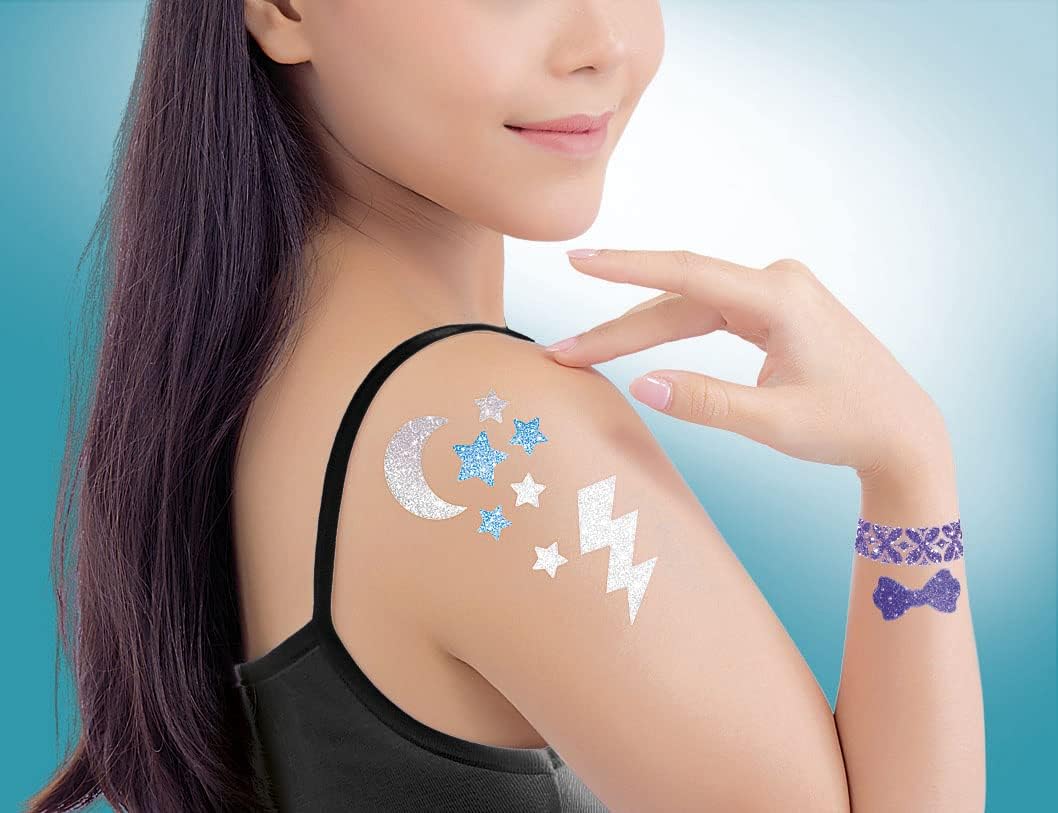 Clementoni Crazy Chic Glitter Tattoo Set - Glitter Tattoos for Girls from 6 Years - Children's Tattoos with Glitter Colours & Stencils with Different Shapes 18513