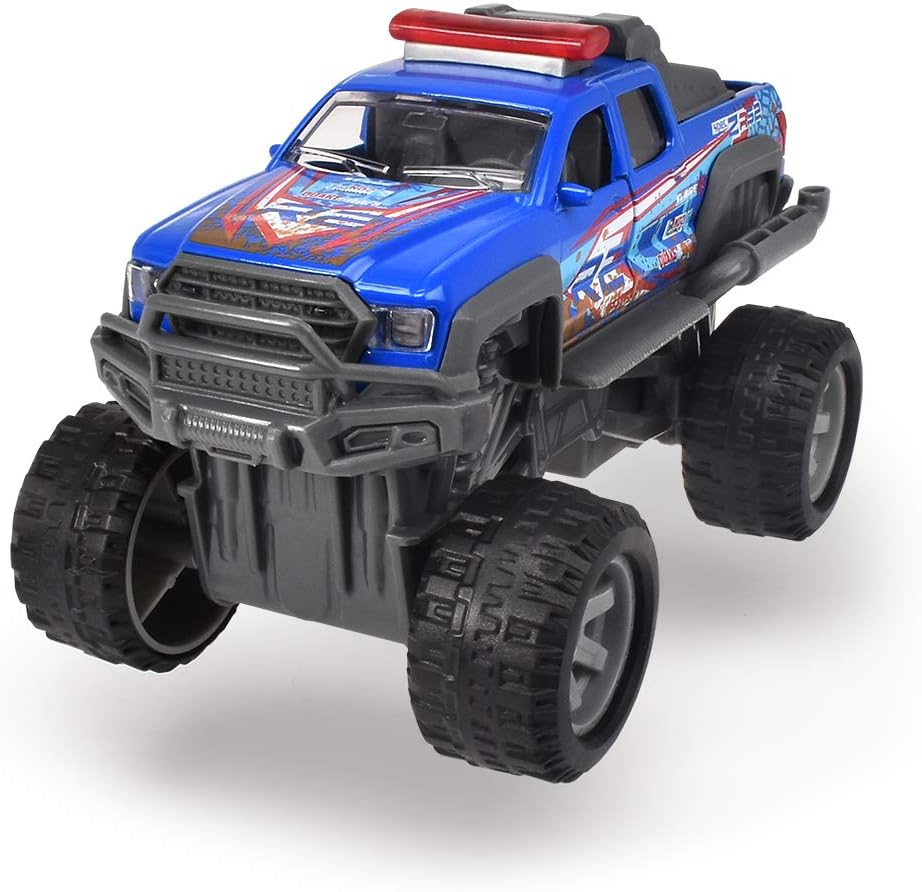 Dickie Toys Rally Monster, toy car with pull-back motor, rubber tires, suspension, 3, delivery 1 piece, blue, yellow or white, random selection, 15 cm