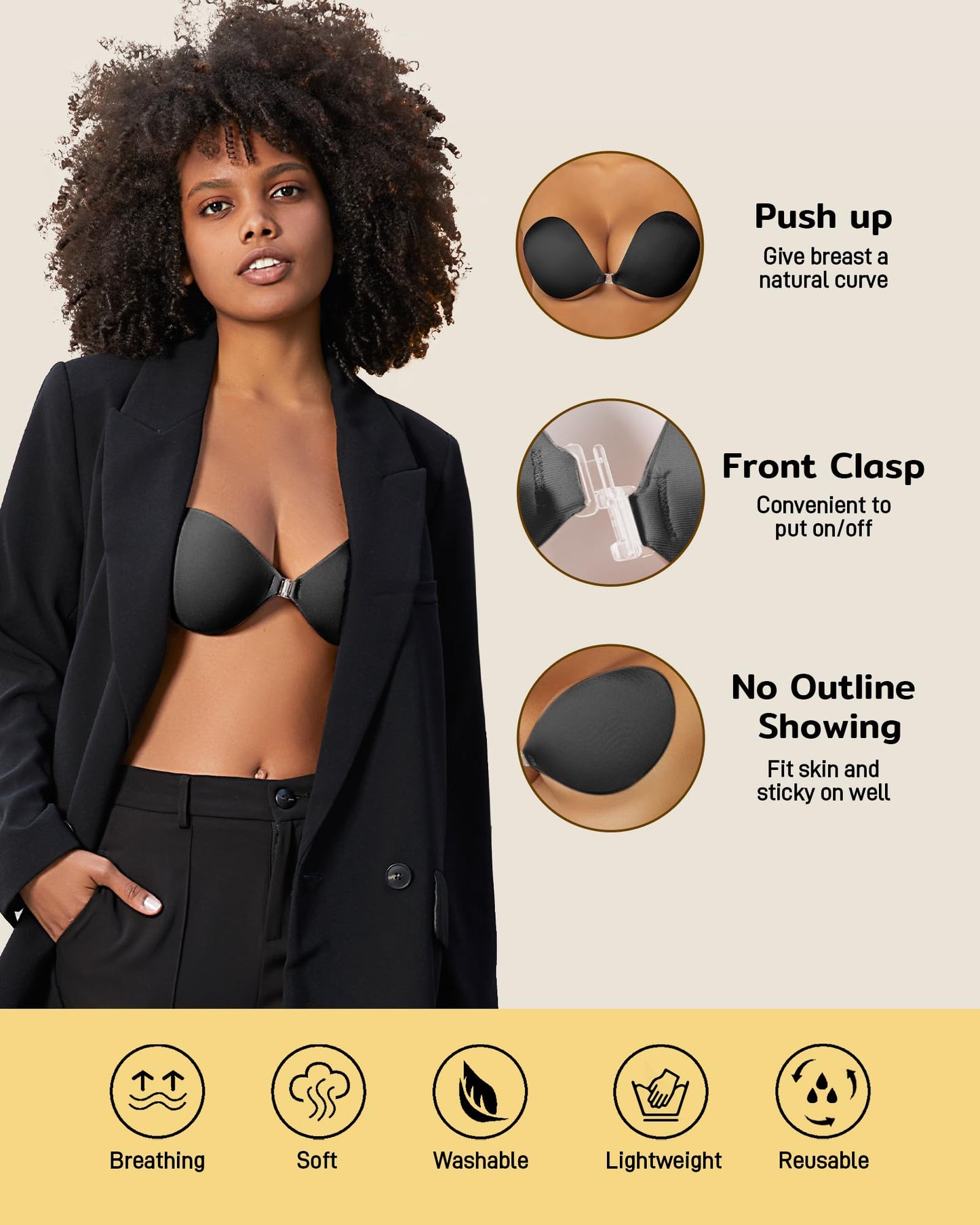Niidor Adhesive Bra Strapless Sticky Invisible Push up Silicone Bra for Backless Dress with Nipple Covers