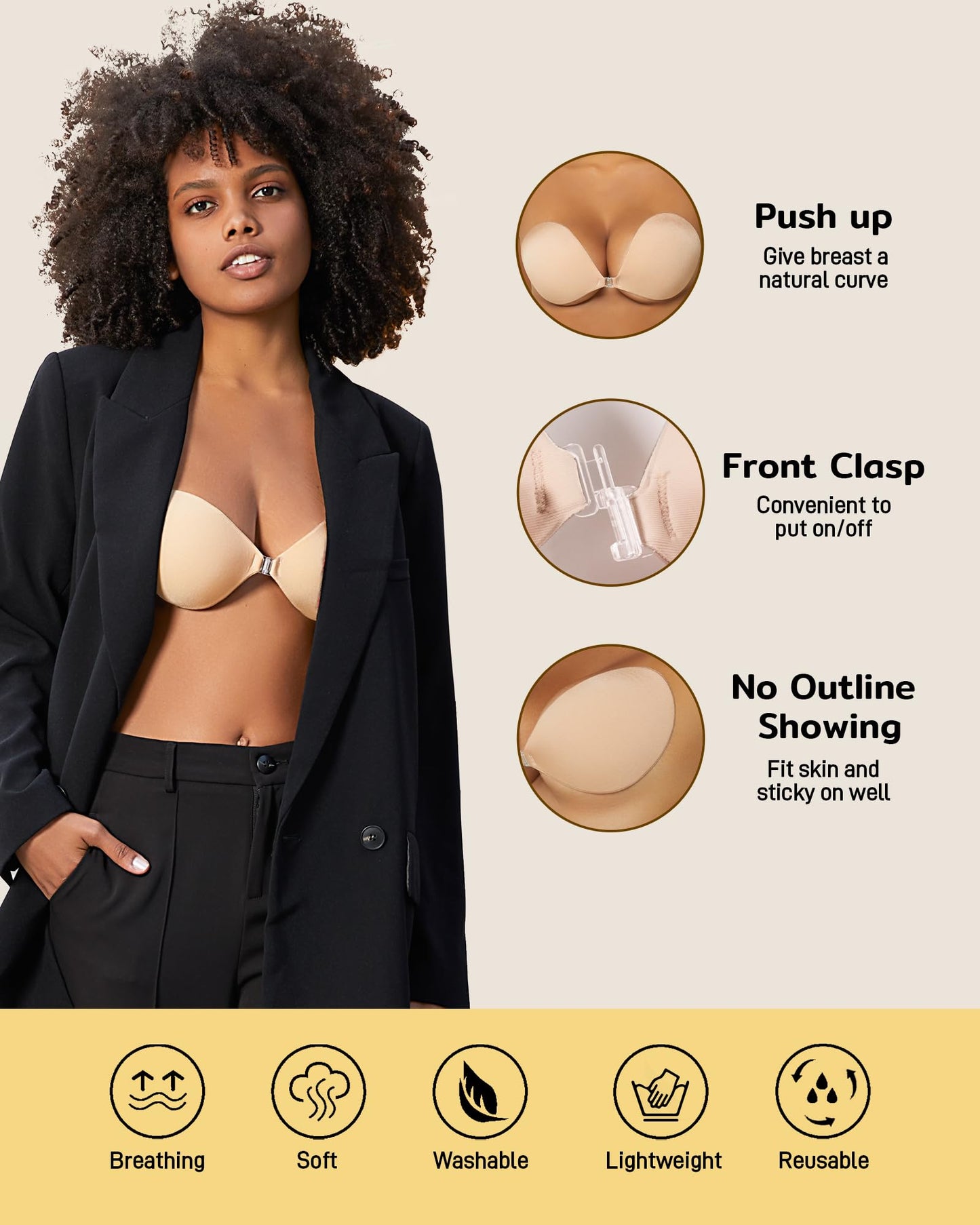 Niidor Adhesive Bra Strapless Sticky Invisible Push up Silicone Bra for Backless Dress with Nipple Covers