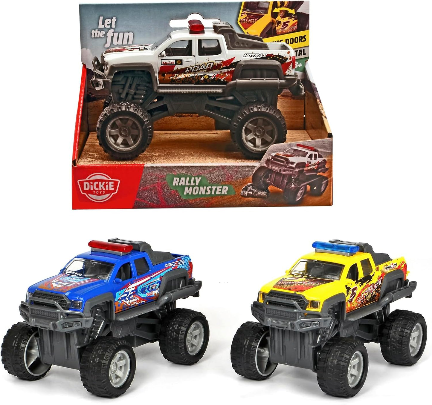 Dickie Toys Rally Monster, toy car with pull-back motor, rubber tires, suspension, 3, delivery 1 piece, blue, yellow or white, random selection, 15 cm
