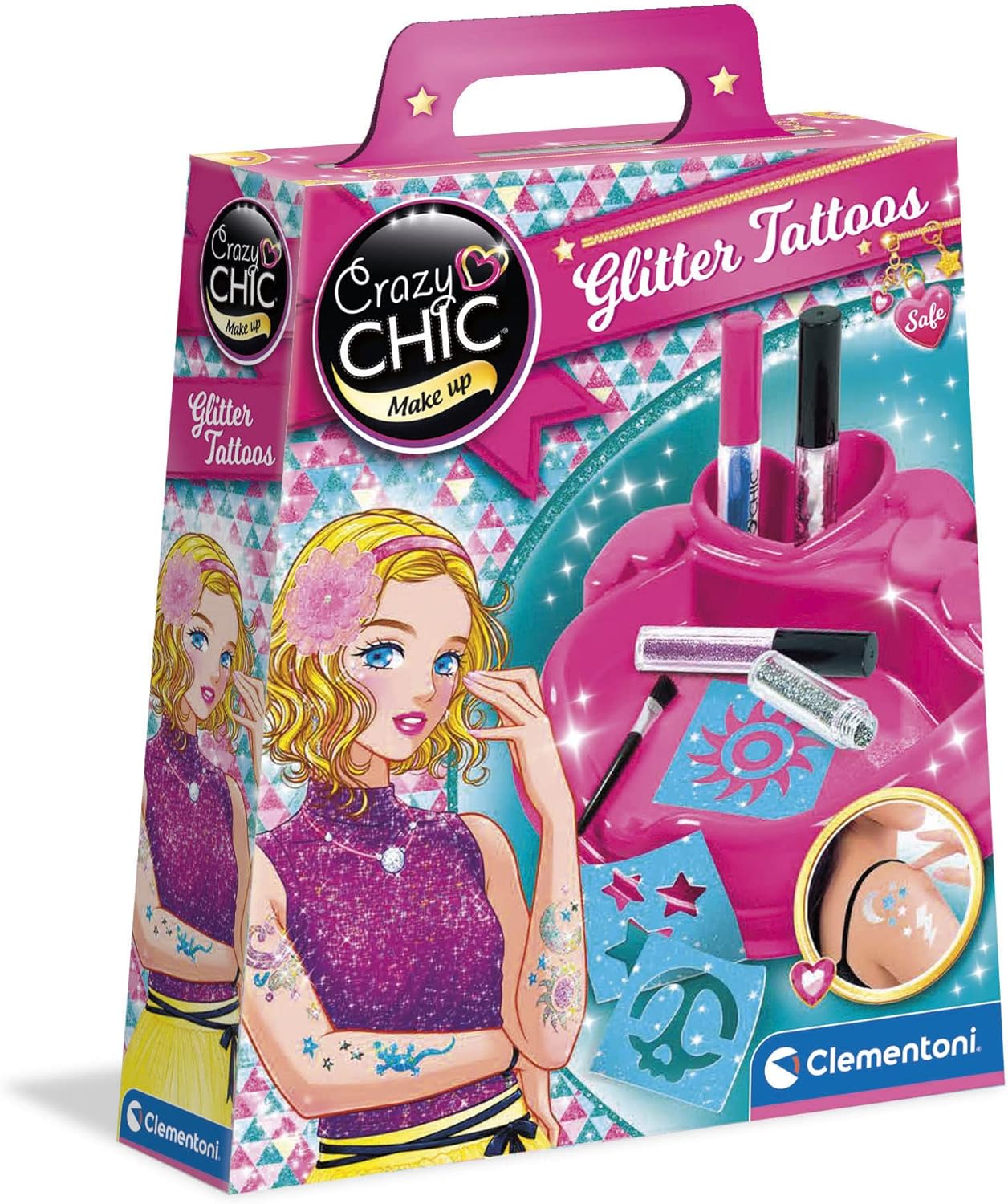 Clementoni Crazy Chic Glitter Tattoo Set - Glitter Tattoos for Girls from 6 Years - Children's Tattoos with Glitter Colours & Stencils with Different Shapes 18513