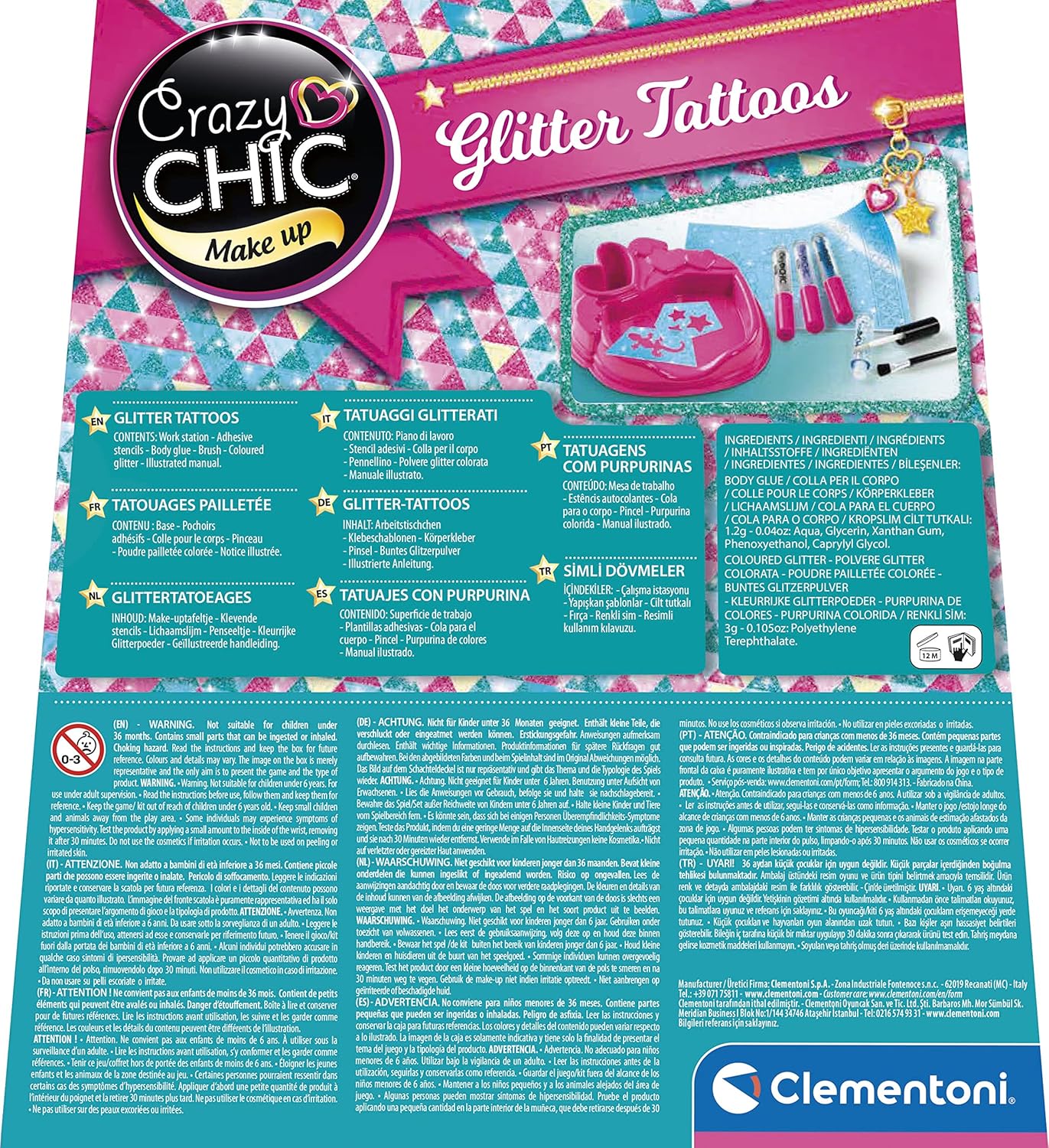 Clementoni Crazy Chic Glitter Tattoo Set - Glitter Tattoos for Girls from 6 Years - Children's Tattoos with Glitter Colours & Stencils with Different Shapes 18513