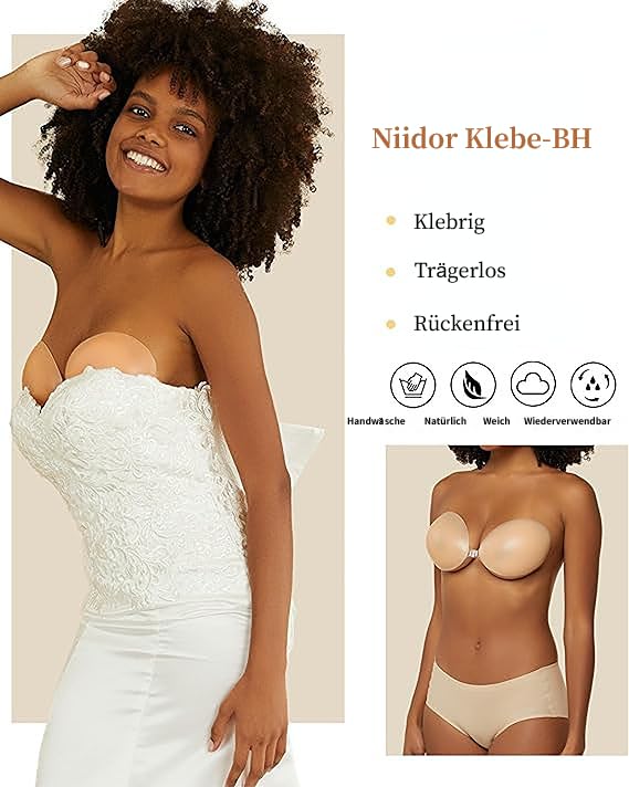 Niidor Adhesive Bra Strapless Sticky Invisible Push up Silicone Bra for Backless Dress with Nipple Covers