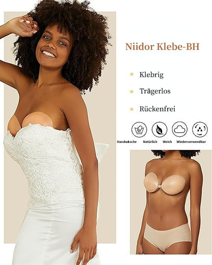 Niidor Adhesive Bra Strapless Sticky Invisible Push up Silicone Bra for Backless Dress with Nipple Covers