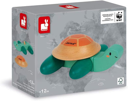 Janod - Mobile wooden turtle - Pull toy - Educational toys for babies and toddlers - Motor skills and imagination - Partnership with the WWF - FSC certified - From 1 year old, J08608