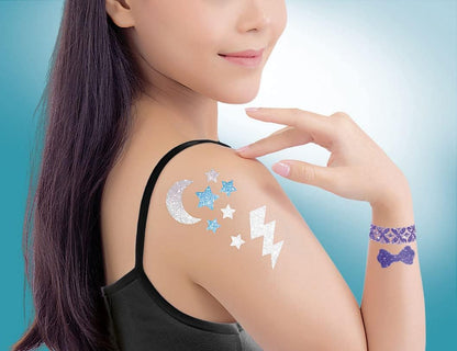Clementoni Crazy Chic Glitter Tattoo Set - Glitter Tattoos for Girls from 6 Years - Children's Tattoos with Glitter Colours & Stencils with Different Shapes 18513