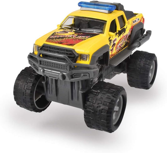 Dickie Toys Rally Monster, toy car with pull-back motor, rubber tires, suspension, 3, delivery 1 piece, blue, yellow or white, random selection, 15 cm