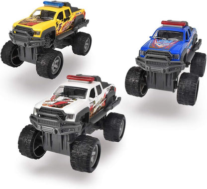 Dickie Toys Rally Monster, toy car with pull-back motor, rubber tires, suspension, 3, delivery 1 piece, blue, yellow or white, random selection, 15 cm