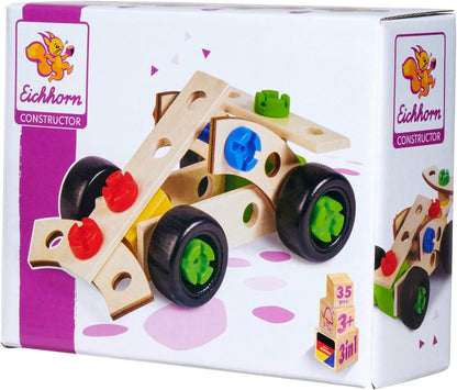 Eichhorn - Constructor Racing Car, Versatile Wooden Toy, 35 Pieces, 3 Different Constructions, 100% FSC Certified Beech Wood, from 3 Years