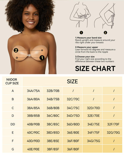 Niidor Adhesive Bra Strapless Sticky Invisible Push up Silicone Bra for Backless Dress with Nipple Covers